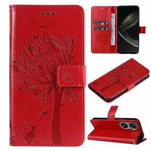 For Huawei nova 12 SE / nova 11 SE Tree & Cat Embossed Pattern Flip Leather Phone Case(Red)