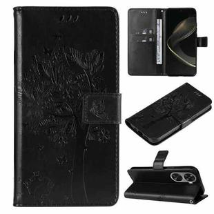 For Huawei nova 12 SE / nova 11 SE Tree & Cat Embossed Pattern Flip Leather Phone Case(Black)