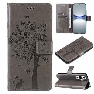 For Huawei nova 12s Tree & Cat Embossed Pattern Flip Leather Phone Case(Grey)