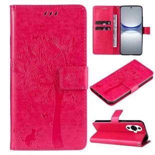 For Huawei nova 12s Tree & Cat Embossed Pattern Flip Leather Phone Case(Rose Red)