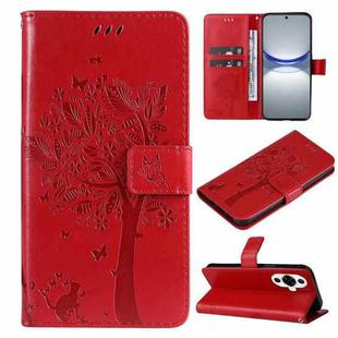 For Huawei nova 12s Tree & Cat Embossed Pattern Flip Leather Phone Case(Red)