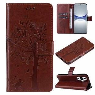 For Huawei nova 12s Tree & Cat Embossed Pattern Flip Leather Phone Case(Coffee)
