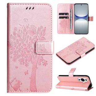 For Huawei nova 12s Tree & Cat Embossed Pattern Flip Leather Phone Case(Rose Gold)