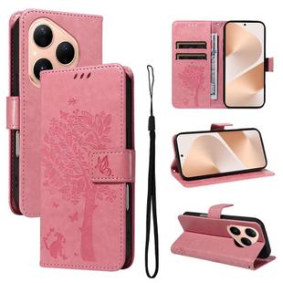 For Huawei Pura 80 5G Tree & Cat Embossed Pattern Flip Leather Phone Case(Pink)