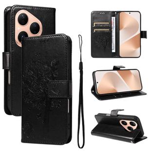 For Huawei Pura 80 5G Tree & Cat Embossed Pattern Flip Leather Phone Case(Black)
