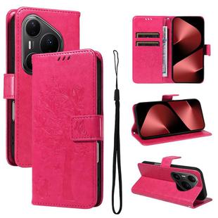 For Huawei Pura 80 Pro 5G Tree & Cat Embossed Pattern Flip Leather Phone Case(Rose Red)