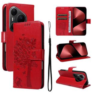 For Huawei Pura 80 Pro 5G Tree & Cat Embossed Pattern Flip Leather Phone Case(Red)