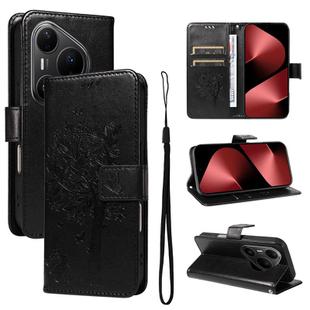 For Huawei Pura 80 Pro 5G Tree & Cat Embossed Pattern Flip Leather Phone Case(Black)