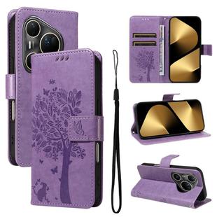 For Huawei Pura 80 Ultra 5G Tree & Cat Embossed Pattern Flip Leather Phone Case(Purple)