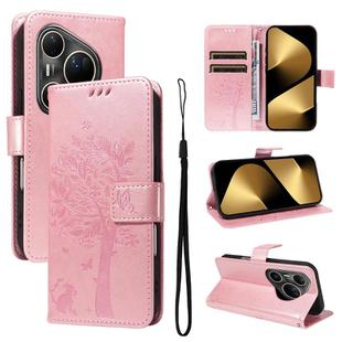 For Huawei Pura 80 Ultra 5G Tree & Cat Embossed Pattern Flip Leather Phone Case(Rose Gold)