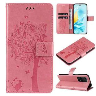 For Honor 200 Lite Global Tree & Cat Embossed Pattern Flip Leather Phone Case(Pink)