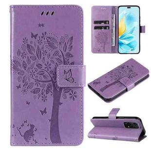 For Honor 200 Lite Global Tree & Cat Embossed Pattern Flip Leather Phone Case(Light Purple)