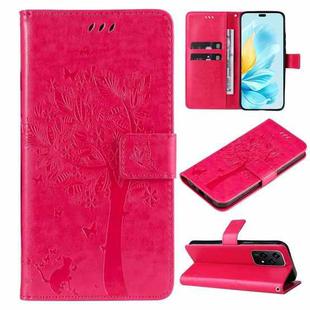 For Honor 200 Lite Global Tree & Cat Embossed Pattern Flip Leather Phone Case(Rose Red)