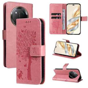 For Honor X9C 5G Global Tree & Cat Embossed Pattern Flip Leather Phone Case(Pink)