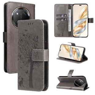 For Honor X9C 5G Global Tree & Cat Embossed Pattern Flip Leather Phone Case(Grey)