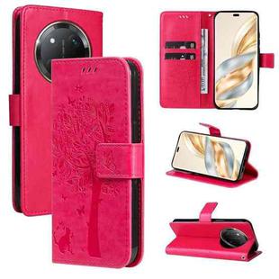 For Honor X9C 5G Global Tree & Cat Embossed Pattern Flip Leather Phone Case(Rose Red)