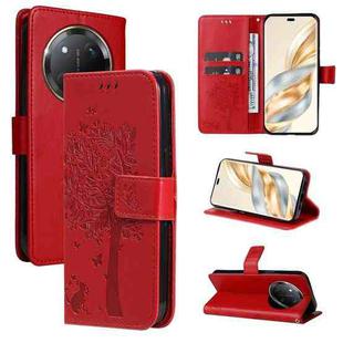 For Honor X9C 5G Global Tree & Cat Embossed Pattern Flip Leather Phone Case(Red)