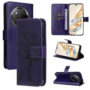 For Honor X9C 5G Global Tree & Cat Embossed Pattern Flip Leather Phone Case(Purple)