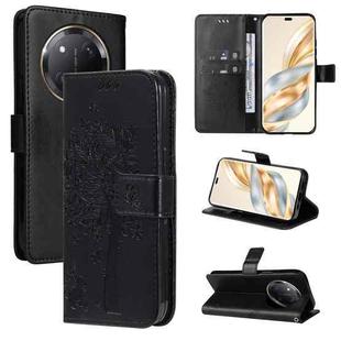 For Honor X9C 5G Global Tree & Cat Embossed Pattern Flip Leather Phone Case(Black)