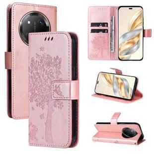 For Honor X9C 5G Global Tree & Cat Embossed Pattern Flip Leather Phone Case(Rose Gold)