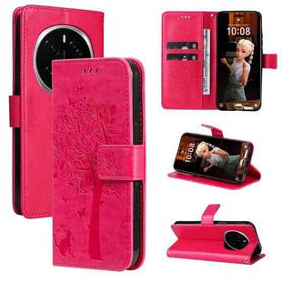 For Honor Magic7 Pro Tree & Cat Embossed Pattern Flip Leather Phone Case(Rose Red)