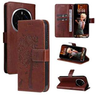 For Honor Magic7 Pro Tree & Cat Embossed Pattern Flip Leather Phone Case(Coffee)