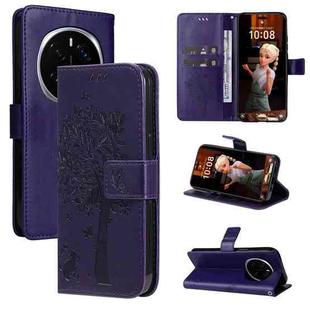 For Honor Magic7 Pro Tree & Cat Embossed Pattern Flip Leather Phone Case(Purple)