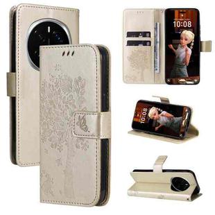 For Honor Magic7 Pro Tree & Cat Embossed Pattern Flip Leather Phone Case(Gold)