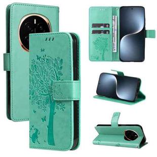 For Honor Magic7 Tree & Cat Embossed Pattern Flip Leather Phone Case(Green)