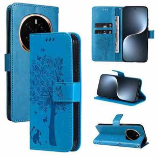 For Honor Magic7 Tree & Cat Embossed Pattern Flip Leather Phone Case(Blue)