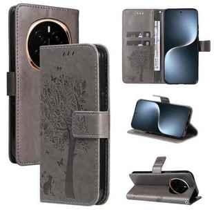 For Honor Magic7 Tree & Cat Embossed Pattern Flip Leather Phone Case(Grey)