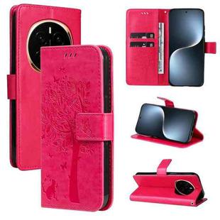 For Honor Magic7 Tree & Cat Embossed Pattern Flip Leather Phone Case(Rose Red)