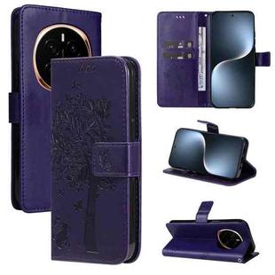 For Honor Magic7 Tree & Cat Embossed Pattern Flip Leather Phone Case(Purple)