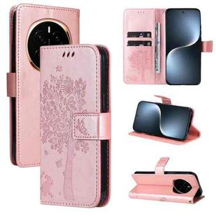 For Honor Magic7 Tree & Cat Embossed Pattern Flip Leather Phone Case(Rose Gold)