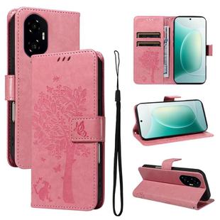 For Honor 300 Tree & Cat Embossed Pattern Flip Leather Phone Case(Pink)