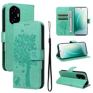For Honor 300 Tree & Cat Embossed Pattern Flip Leather Phone Case(Green)