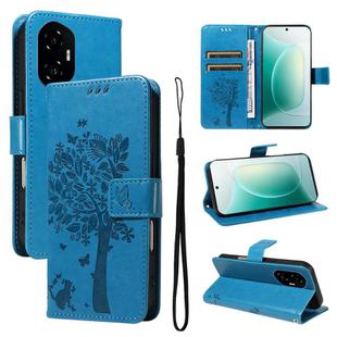 For Honor 300 Tree & Cat Embossed Pattern Flip Leather Phone Case(Blue)