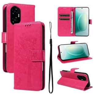 For Honor 300 Tree & Cat Embossed Pattern Flip Leather Phone Case(Rose Red)