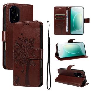 For Honor 300 Tree & Cat Embossed Pattern Flip Leather Phone Case(Coffee)