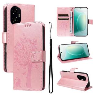For Honor 300 Tree & Cat Embossed Pattern Flip Leather Phone Case(Rose Gold)