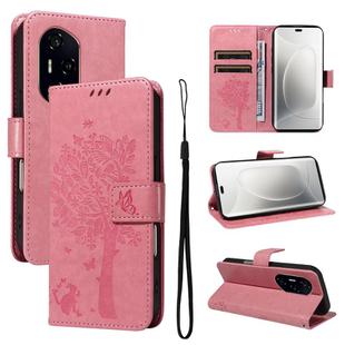 For Honor 300 Pro / 300 Ultra Tree & Cat Embossed Pattern Flip Leather Phone Case(Pink)
