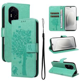 For Honor 300 Pro / 300 Ultra Tree & Cat Embossed Pattern Flip Leather Phone Case(Green)