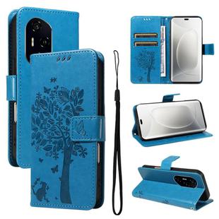 For Honor 300 Pro / 300 Ultra Tree & Cat Embossed Pattern Flip Leather Phone Case(Blue)