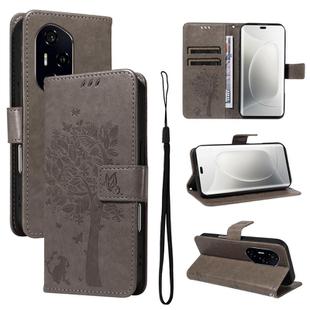 For Honor 300 Pro / 300 Ultra Tree & Cat Embossed Pattern Flip Leather Phone Case(Grey)