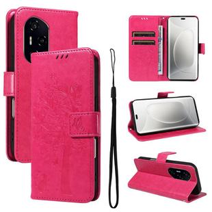 For Honor 300 Pro / 300 Ultra Tree & Cat Embossed Pattern Flip Leather Phone Case(Rose Red)
