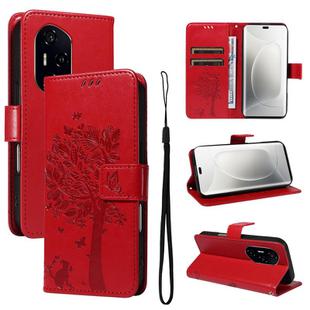 For Honor 300 Pro / 300 Ultra Tree & Cat Embossed Pattern Flip Leather Phone Case(Red)