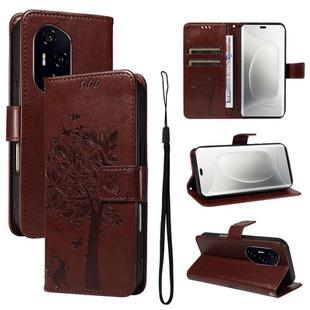 For Honor 300 Pro / 300 Ultra Tree & Cat Embossed Pattern Flip Leather Phone Case(Coffee)