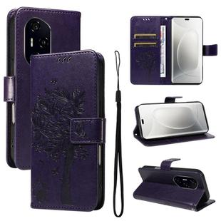 For Honor 300 Pro / 300 Ultra Tree & Cat Embossed Pattern Flip Leather Phone Case(Purple)