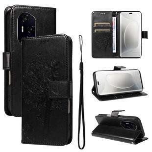 For Honor 300 Pro / 300 Ultra Tree & Cat Embossed Pattern Flip Leather Phone Case(Black)