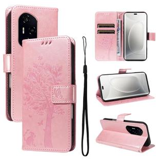 For Honor 300 Pro / 300 Ultra Tree & Cat Embossed Pattern Flip Leather Phone Case(Rose Gold)